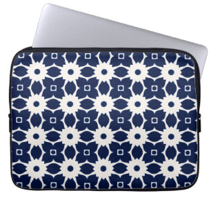 Housse Pour Ordinateur Portable Floral géométrique bleu et blanc de la Marine