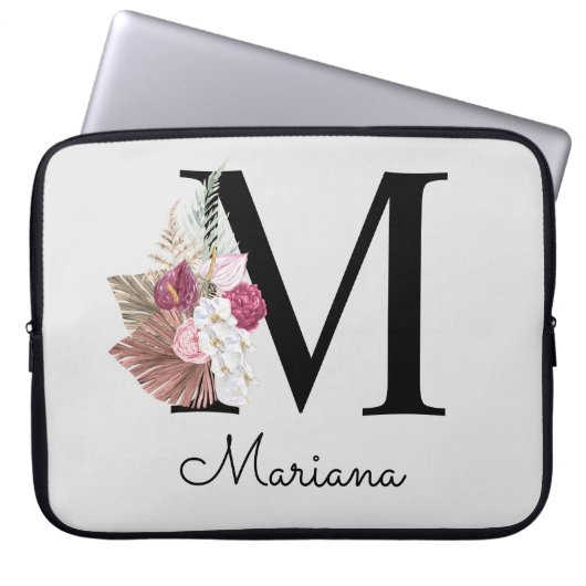 Housse Pour Ordinateur Portable Floral M rose Boho initial monogramme (Devant)
