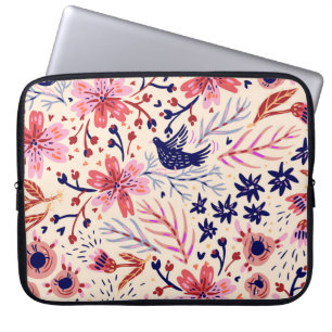 Housse Pour Ordinateur Portable Floral, oiseaux, motif vintage sans soudure.