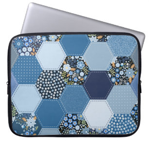 Housse Pour Ordinateur Portable Floral, patchwork de denim : motif bleu.
