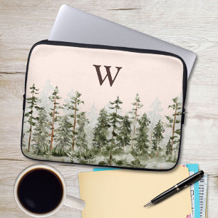 Housse Pour Ordinateur Portable Forêt Verte Rustique Monogramme Aquarelle