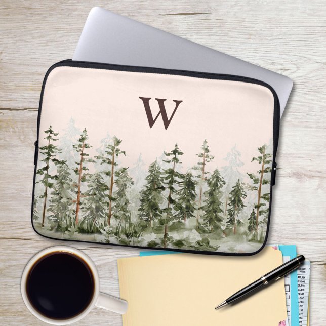 Housse Pour Ordinateur Portable Forêt Verte Rustique Monogramme Aquarelle (In situ)
