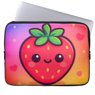 Housse Pour Ordinateur Portable Fraise Kawaii souriante sur Pastel Gradient Backg