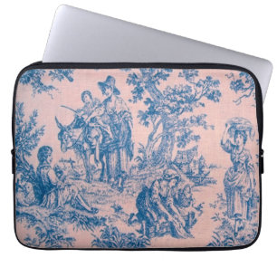 Housse Pour Ordinateur Portable French toile de jouy bleu et rose élégant