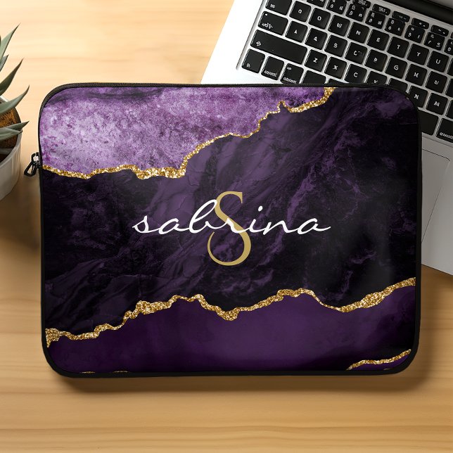 Housse Pour Ordinateur Portable Géode d'agate violette Monogram Gold (Créateur téléchargé)