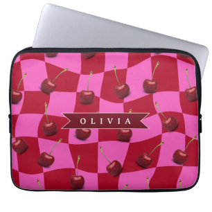 Housse Pour Ordinateur Portable Gingham Cerise Personnalisé Rétro Nom Personnalisé