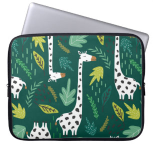 Housse Pour Ordinateur Portable Giraffes, feuille, fond dessiné à la main. Coloré