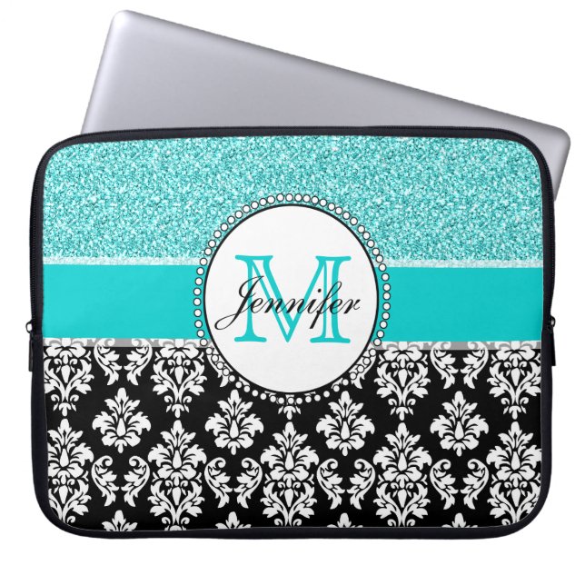 Housse Pour Ordinateur Portable Girly, turquoise, damassé noire de parties (Devant)