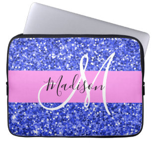 Housse Pour Ordinateur Portable Glam Bleu foncé Rose Paillettes Étincelles Monogra