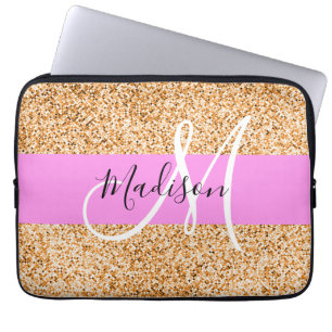 Housse Pour Ordinateur Portable Glamour Rose & Cuivre Paillettes Monogramme Nom