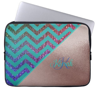 Housse Pour Ordinateur Portable Glitterie rose Gold Foil Chevron Turquoise Green G
