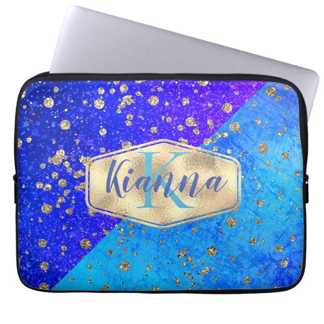 Housse Pour Ordinateur Portable Glittery Dreamy Blue Monogramme Personnalisé (Devant)