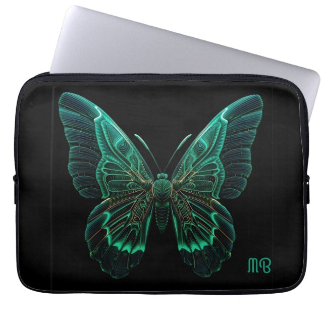 Housse Pour Ordinateur Portable Glowing Neon Green Teal Butterfly Art (Devant)