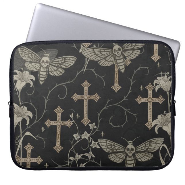 Housse Pour Ordinateur Portable Gothic Moth & Cross Laptop Sleeve (Devant)