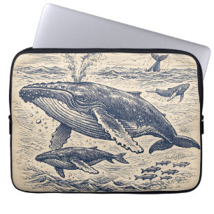 Housse Pour Ordinateur Portable Gravure vintage de groupe de baleines à bosse