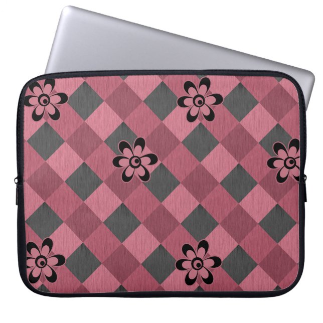 Housse Pour Ordinateur Portable Gray rose géométrique à damiers motif avec fleurs (Devant)