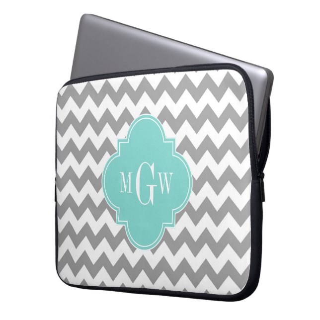 Housse Pour Ordinateur Portable Gray What Chevron Aqua Turq Quatrefoil 3 Monogramm (devant gauche)