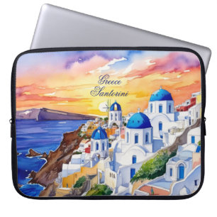 Housse Pour Ordinateur Portable Grèce Santorini Aquarelle Croquis mer Egée