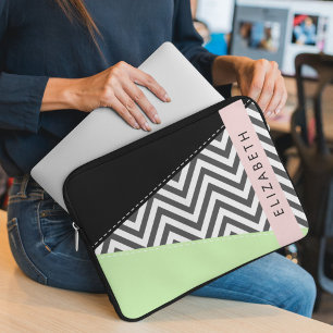Housse Pour Ordinateur Portable Grey Zigzag, Grey Chevron, Mint, Votre Nom