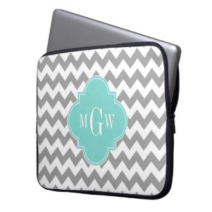 Housse Pour Ordinateur Portable Gris Blanc Chevron Aqua Turquoise Quatrefoil 3 Mon