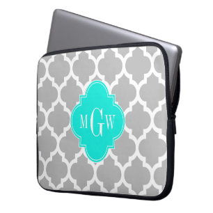 Housse Pour Ordinateur Portable Gris Blanc Marocain #5 Brt Aqua 3 Monogramme initi