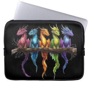 Housse Pour Ordinateur Portable Groupe Arc-en-ciel de bébés dragons sur fond noir
