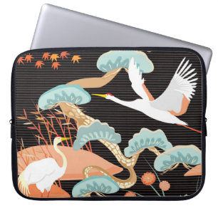 Housse Pour Ordinateur Portable Grues, hérons : motif japonais d'oiseaux.