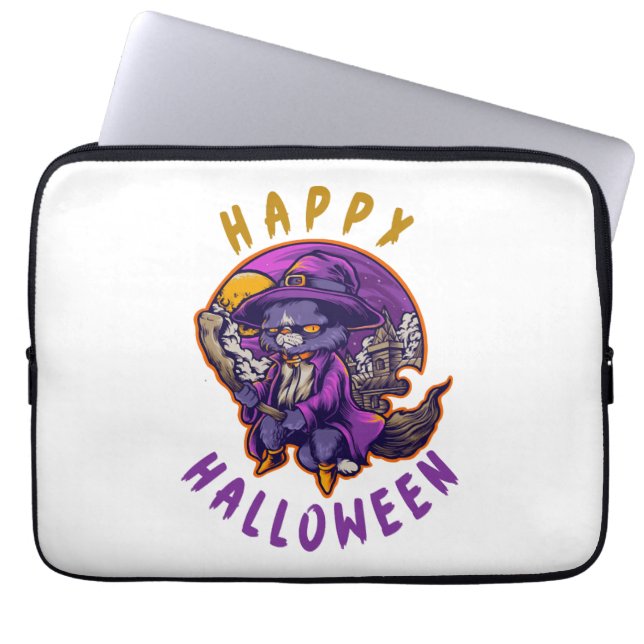 Housse Pour Ordinateur Portable Happy Halloween Chat sorcier Halloween (Devant)