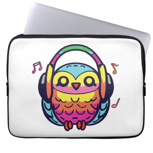 Housse Pour Ordinateur Portable Happy Owl avec écouteurs écoutant de la musique. (Devant)