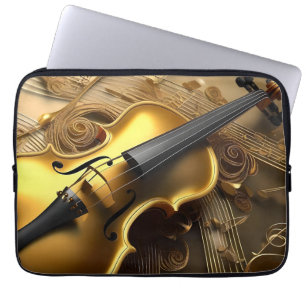 Housse Pour Ordinateur Portable Harmonie Dorée : Violon Vintage sur Notes Miroitan