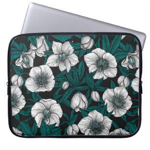 Housse Pour Ordinateur Portable Hellebores blancs avec feuilles bleus