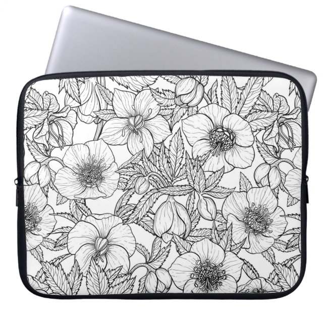Housse Pour Ordinateur Portable Hellebores en noir et blanc (Devant)