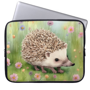 Housse Pour Ordinateur Portable Hérisson aquarelle adorable avec des fleurs