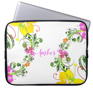 Housse Pour Ordinateur Portable Hibiscus fleur tropical floral blanc rose