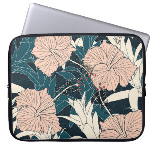 Housse Pour Ordinateur Portable Hibiscus rose tropical, arrière - plan sombre
