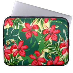 Housse Pour Ordinateur Portable Hibiscus tropical coloré rouge et vert