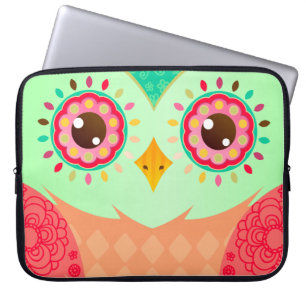 Housse Pour Ordinateur Portable Hibou rouge et vert de Boho