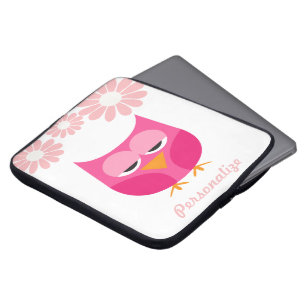 Housse Pour Ordinateur Portable Hibou somnolent et fleurs roses personnalisés