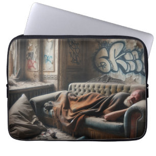 Housse Pour Ordinateur Portable Homme sans abri faisant la sieste dans un bâtiment