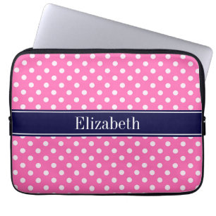 Housse Pour Ordinateur Portable Hot Pink #2 Wht Polka Dots Navy Blue Name monogram