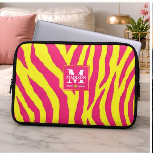 Housse Pour Ordinateur Portable Hot Pink Neon Yellow Zebra Stripe Bold Y2K