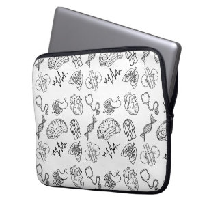 Housse Pour Ordinateur Portable Icônes Médicales Minimalistes Noir et Blanc Doodle