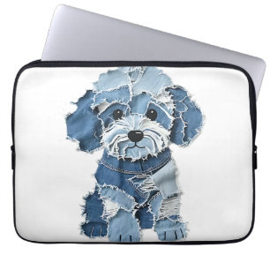 Housse Pour Ordinateur Portable Illustration de chien en patchwork de denim mignon