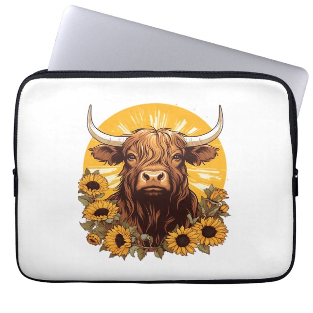 Housse Pour Ordinateur Portable Illustration d'une vache des Highlands avec Sunflo (Devant)
