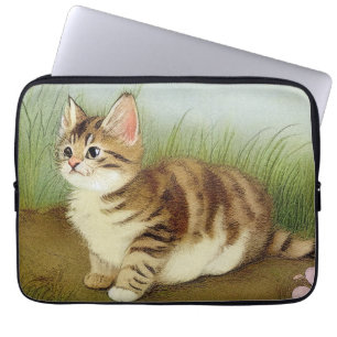 Housse Pour Ordinateur Portable Illustration vintage Kitten avec fleurs