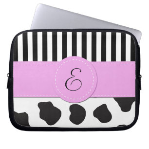 Housse Pour Ordinateur Portable Impression de vache, Grilles, Noir et Blanc, Monog