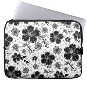 Housse Pour Ordinateur Portable Impression florale noire et blanche