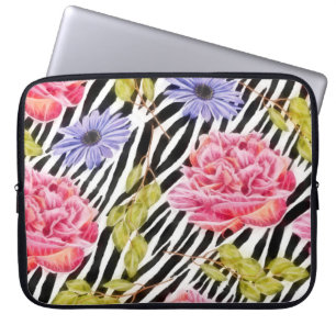 Housse Pour Ordinateur Portable Impression Zebra avec rose chic et violet floral