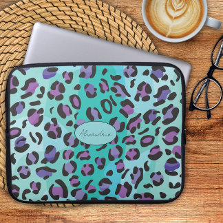 Housse Pour Ordinateur Portable Imprimé léopard bleu et violet Monogramme