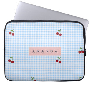 Housse Pour Ordinateur Portable Imprimé personnalisé cerise à carreaux bleus rétro